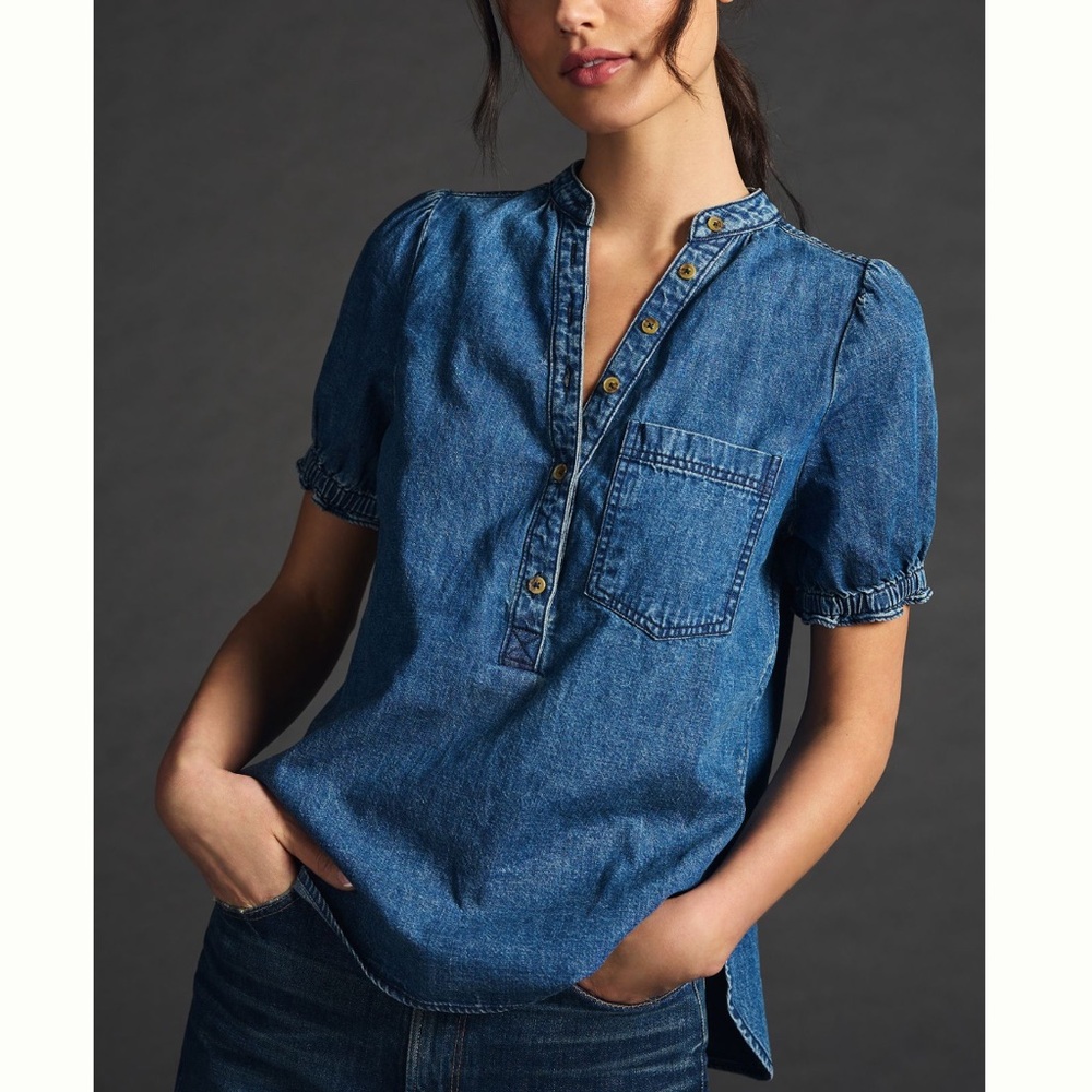 Anthropologie Denim Chambray Puff-Sleeve Pullover Top - Blue